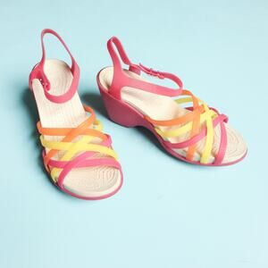 Crocs Huarache Pink Yellow Jelly Wedge Criss Cross Heels Womens 7 Retro Y2K 2000